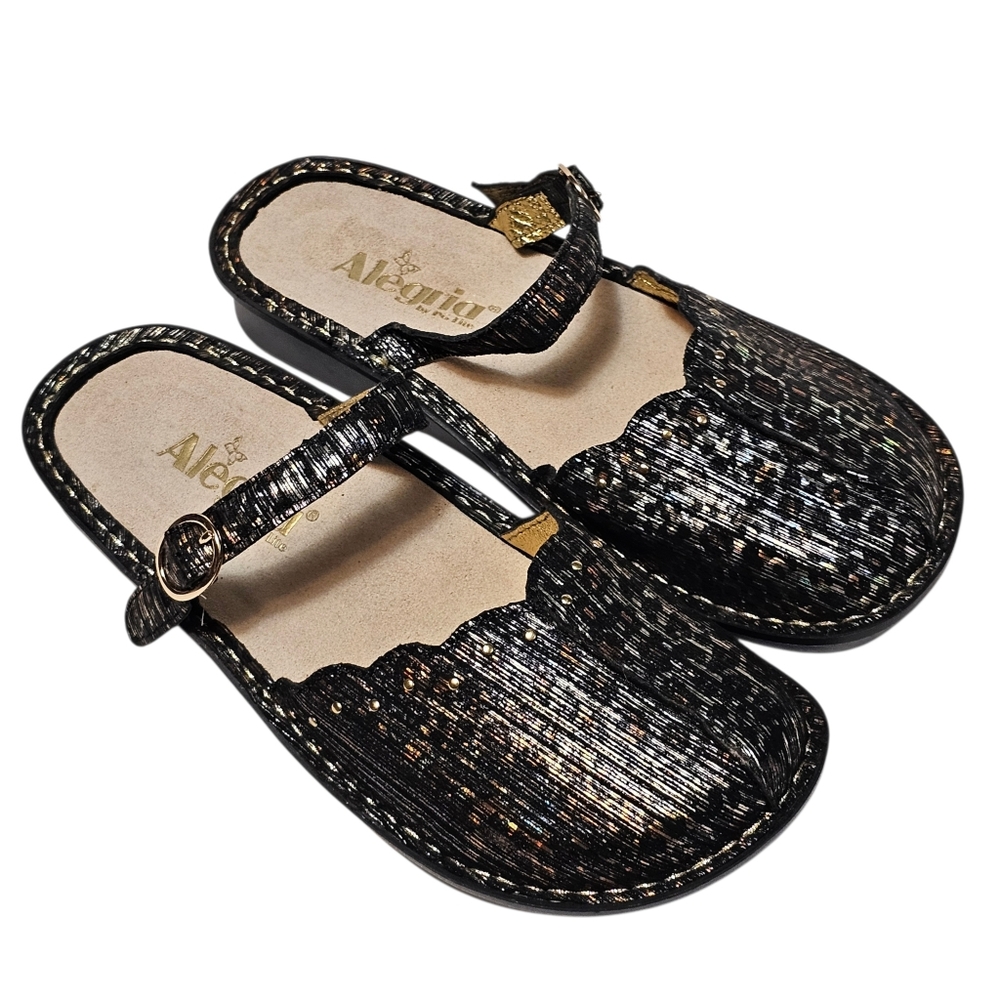 Alegria Women Leather Mary Jane Leopard Print Slip On Clogs Sz 37W US 7-7.5 Wide